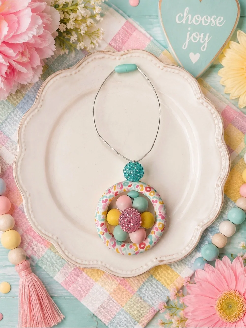 Hand Crafted Pastel Floral Beaded Car Charm